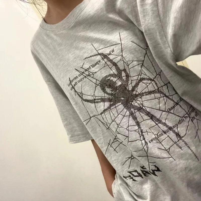 Women Spider Printing American Retro Short Sleeved T-shirt Men Summer