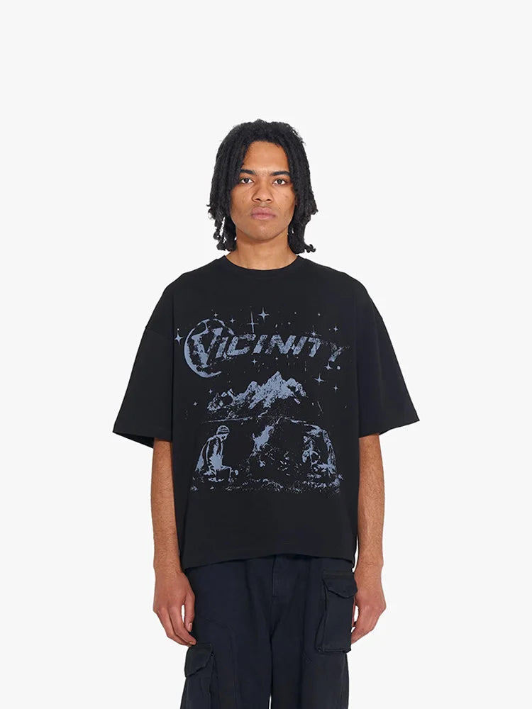 Men's T-Shirt Oversized Black Graphic Streetwear Gothic Cotton Korean